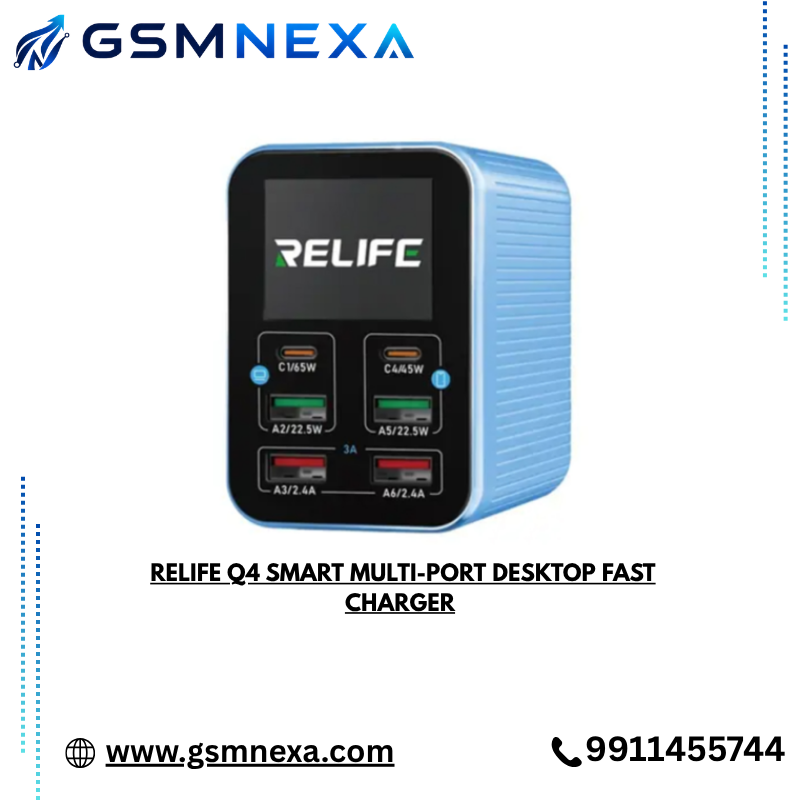 RELIFE Q4 Smart Multi-Port Desktop Fast Charger 72W – 6 Port Dual PD + QC3.0 with HD TFT Display