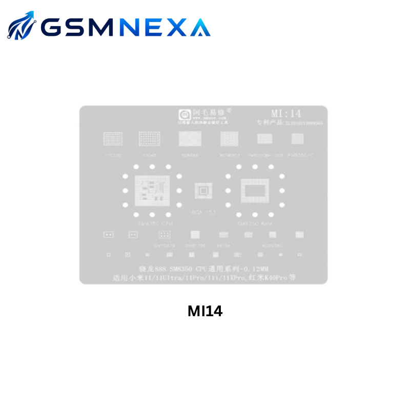 AMAOE MI-14 Stencil for Xiaomi Mi 11, Mi 11 Ultra, Mi 11 Pro, Mi 11X Pro & Redmi K40 Pro CPU IC BGA Reballing (0.12mm)